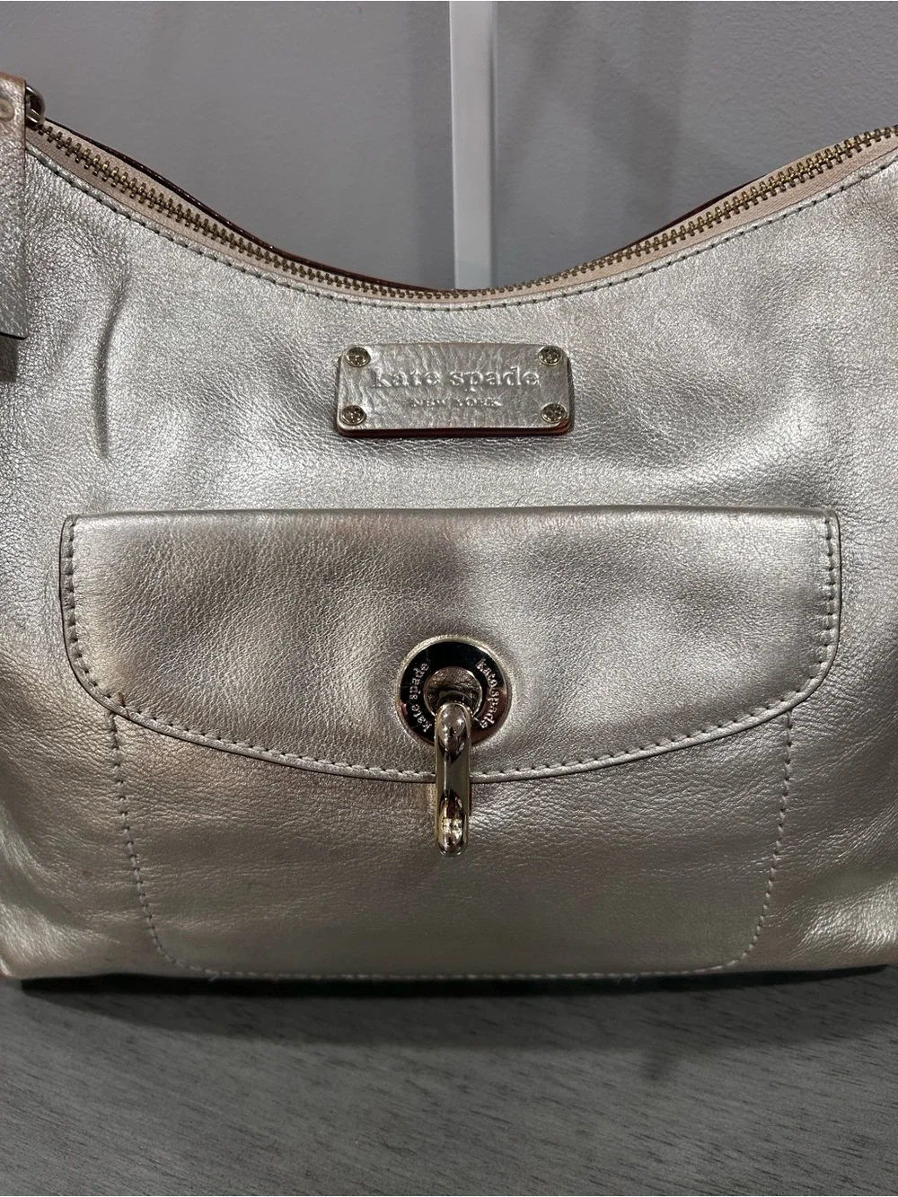 Kate Spade Metallic Silver/Champagne Leather Crossbody Bag